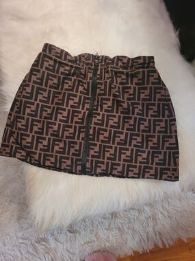 Girl's Fendi Black and Brown FF Logo Zip-Front Mini Skirt
